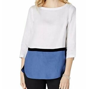 J.Jill Womens XL Love Linen Colorblock Tunic Blue White 3/4 Sleeve Round Neck